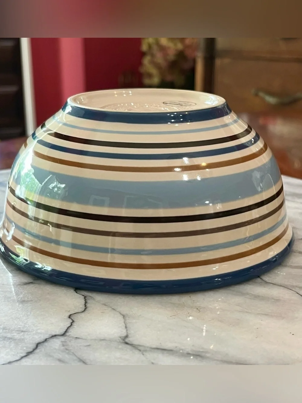 Vintage Longaberger Pottery Cabana Blue Stripe Round Serving Bowl Vitrified USA